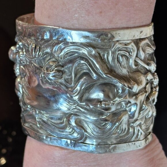 Art Nouveau Sterling Silver 925 Cuff Bracelet Lady Face Floral Alphonse Mucha - Picture 9 of 9